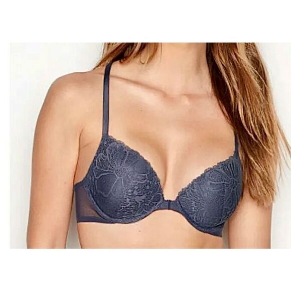 VICTORIA'S SECRET Favorite Push-up Bra Racer back Mesh Floral Lace 32D Purple  F - Picture 1 of 13